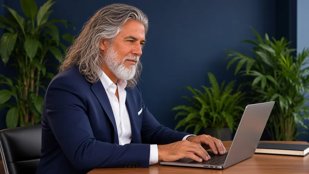 Jean-Philippe, à son bureau, vérifie sa déclaration en ligne sur son ordinateur portable