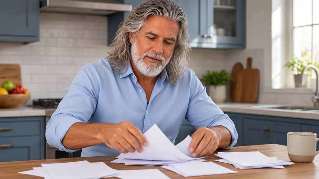 Jean-Philippe, à la table de sa cuisine, trie ses bulletins de salaire et attestations avant de déclarer