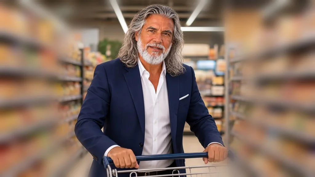 Jean-Philippe, au supermarché avec son chariot, en respectant son enveloppe courses
