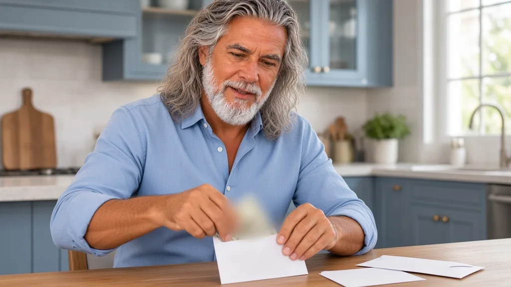 Jean-Philippe, à la table de sa cuisine, répartit son budget du mois dans des enveloppes