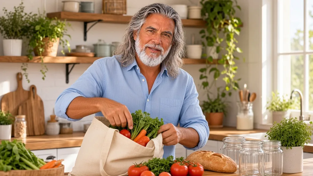 Jean-Philippe, dans sa cuisine, range les courses du quotidien, une dépense de besoin