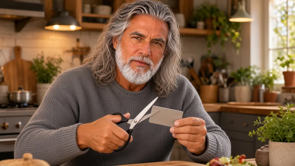Jean-Philippe, dans sa cuisine, coupe une carte de crédit renouvelable