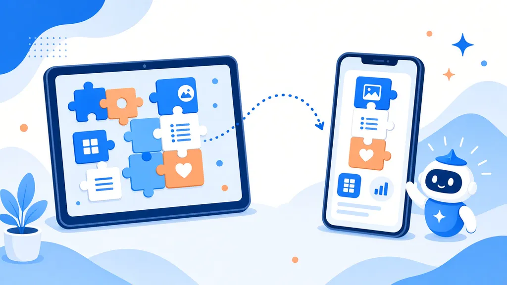 Illustration d'une tablette affichant des blocs d'application assemblés, avec une petite icône d'assistant IA