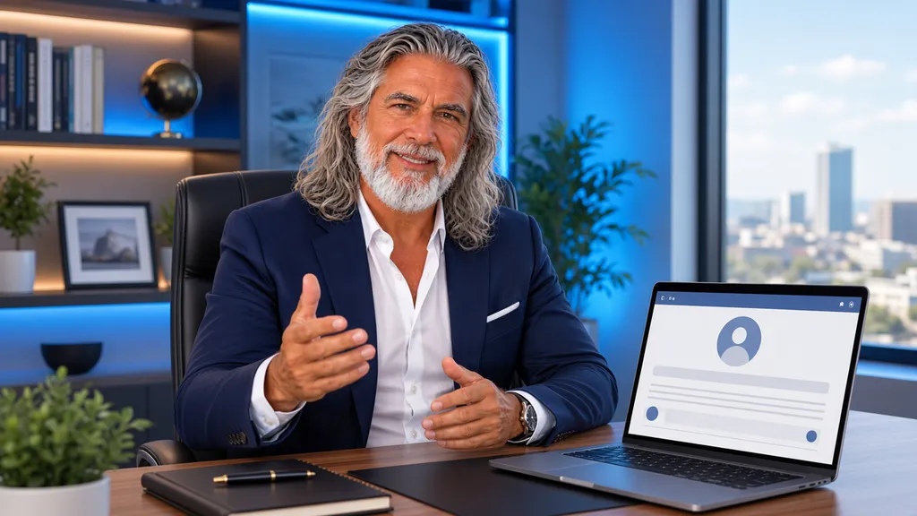 Jean-Philippe souriant devant son ordinateur affichant un profil professionnel