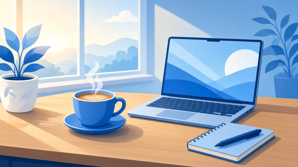 Illustration d'une tasse de café posée à côté d'un ordinateur portable et d'un petit carnet de rendez-vous