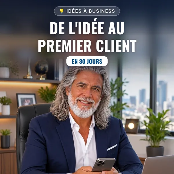 Couverture de l’ebook « De l’Idée au Premier Client en 30 Jours » : Jean-Philippe, en veste bleu marine, sourit à son bureau, un smartphone à la main