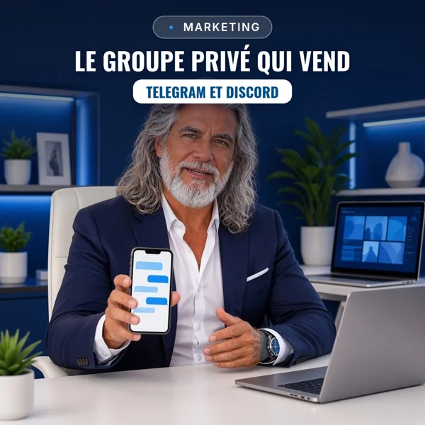 Couverture de l’ebook « Le Groupe Privé qui Vend : Telegram et Discord » : Jean-Philippe, en veste bleu marine, un smartphone à la main