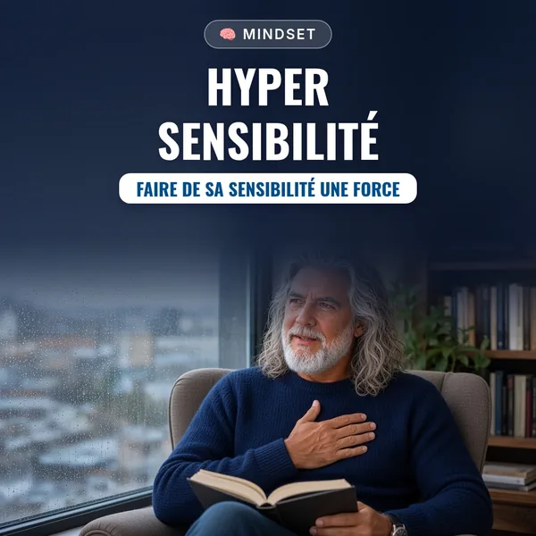 Couverture de l’ebook « Hypersensibilité : Faire de sa Sensibilité une Force » : Jean-Philippe, en pull bleu marine, lit un livre dans un fauteuil près d’une fenêtre sous la pluie, une main posée sur le cœur