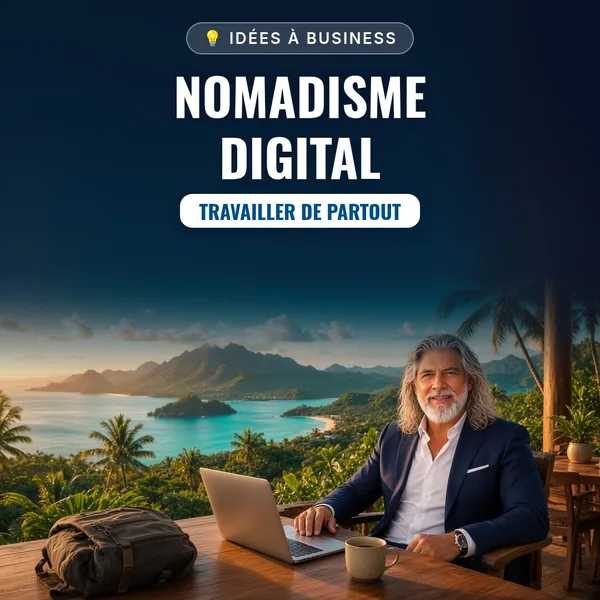 Couverture de l’ebook « Nomadisme Digital : Travailler de Partout » : Jean-Philippe, en veste bleu marine, travaille sur un ordinateur portable sur une terrasse en bois face à une baie tropicale