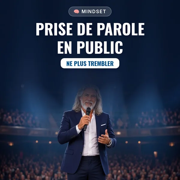 Couverture du guide « Prise de Parole en Public – Ne Plus Trembler » : Jean-Philippe, micro à la main, parle sur une scène devant une salle remplie