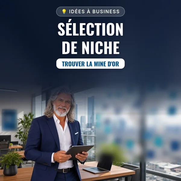 Couverture de l’ebook « Sélection de Niche : Trouver la Mine d’Or » : Jean-Philippe, en veste bleu marine, tient une tablette dans un bureau lumineux avec vue sur la ville